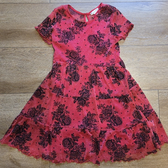 KNIT WORKS Girls Red Black Floral Metallic Twirl Dress Plus 14.5 - Picture 1 of 13